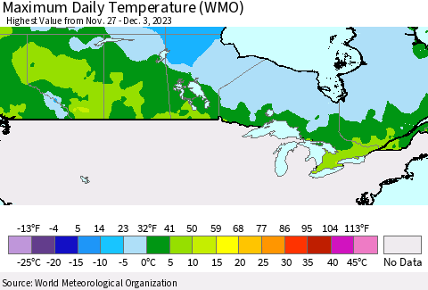 Canada Maximum Daily Temperature (WMO) Thematic Map For 11/27/2023 - 12/3/2023