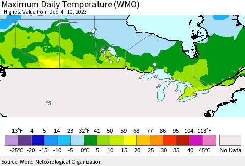 Canada Maximum Daily Temperature (WMO) Thematic Map For 12/4/2023 - 12/10/2023