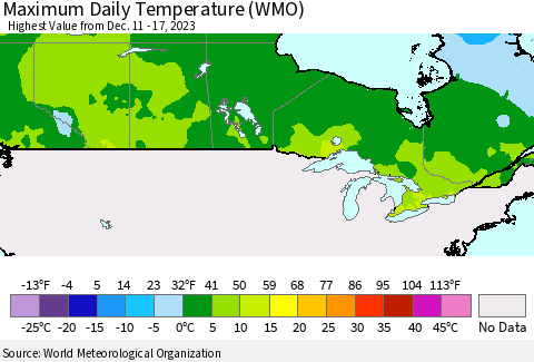 Canada Maximum Daily Temperature (WMO) Thematic Map For 12/11/2023 - 12/17/2023