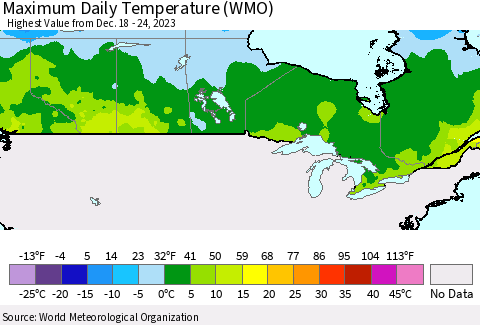 Canada Maximum Daily Temperature (WMO) Thematic Map For 12/18/2023 - 12/24/2023