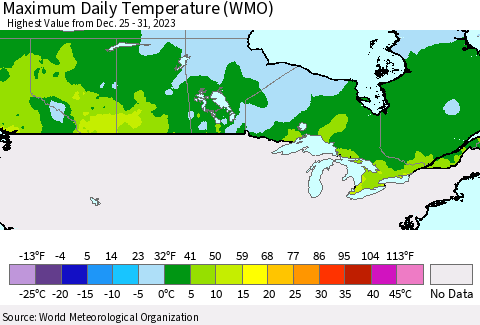 Canada Maximum Daily Temperature (WMO) Thematic Map For 12/25/2023 - 12/31/2023