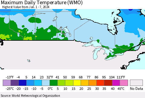 Canada Maximum Daily Temperature (WMO) Thematic Map For 1/1/2024 - 1/7/2024