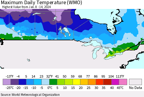 Canada Maximum Daily Temperature (WMO) Thematic Map For 1/8/2024 - 1/14/2024