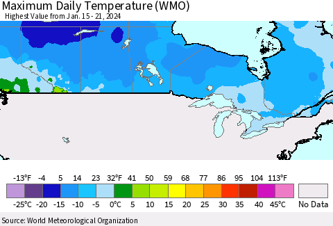 Canada Maximum Daily Temperature (WMO) Thematic Map For 1/15/2024 - 1/21/2024