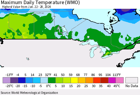 Canada Maximum Daily Temperature (WMO) Thematic Map For 1/22/2024 - 1/28/2024