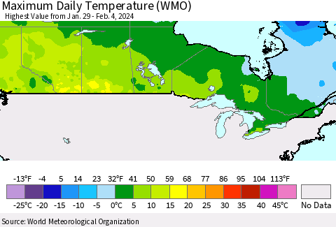 Canada Maximum Daily Temperature (WMO) Thematic Map For 1/29/2024 - 2/4/2024