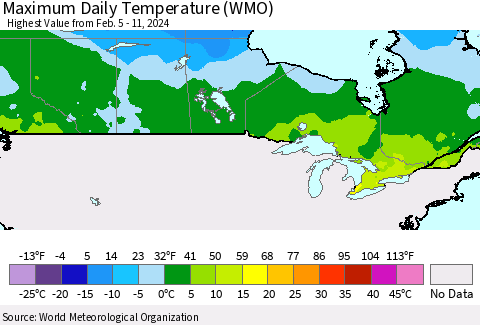 Canada Maximum Daily Temperature (WMO) Thematic Map For 2/5/2024 - 2/11/2024