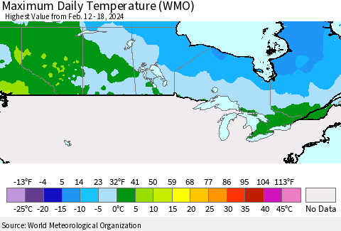 Canada Maximum Daily Temperature (WMO) Thematic Map For 2/12/2024 - 2/18/2024
