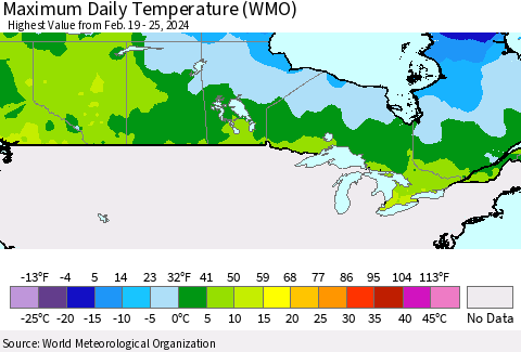 Canada Maximum Daily Temperature (WMO) Thematic Map For 2/19/2024 - 2/25/2024