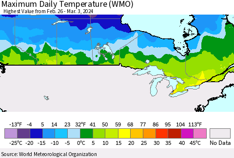 Canada Maximum Daily Temperature (WMO) Thematic Map For 2/26/2024 - 3/3/2024