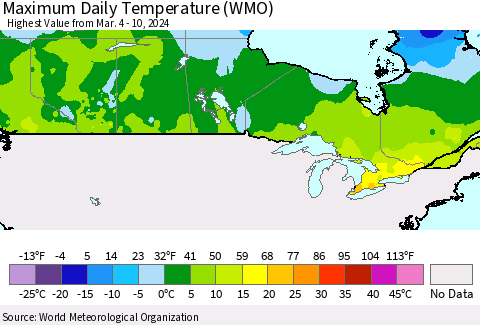 Canada Maximum Daily Temperature (WMO) Thematic Map For 3/4/2024 - 3/10/2024