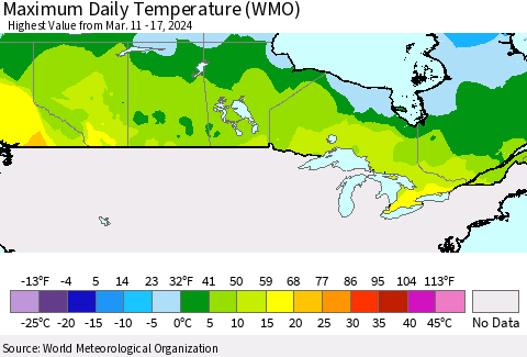 Canada Maximum Daily Temperature (WMO) Thematic Map For 3/11/2024 - 3/17/2024