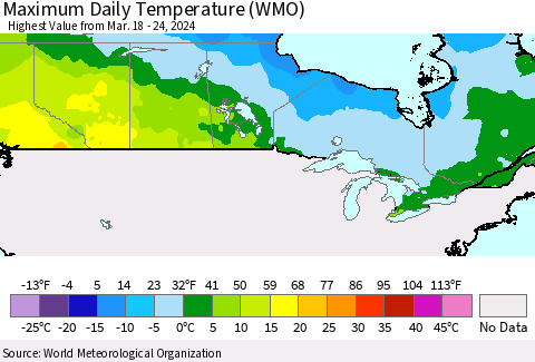 Canada Maximum Daily Temperature (WMO) Thematic Map For 3/18/2024 - 3/24/2024