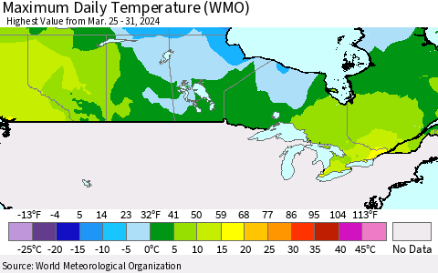 Canada Maximum Daily Temperature (WMO) Thematic Map For 3/25/2024 - 3/31/2024