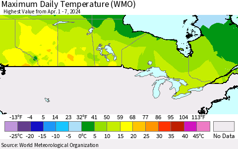 Canada Maximum Daily Temperature (WMO) Thematic Map For 4/1/2024 - 4/7/2024
