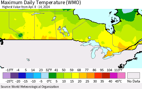 Canada Maximum Daily Temperature (WMO) Thematic Map For 4/8/2024 - 4/14/2024