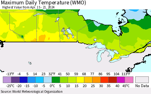 Canada Maximum Daily Temperature (WMO) Thematic Map For 4/15/2024 - 4/21/2024