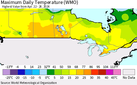 Canada Maximum Daily Temperature (WMO) Thematic Map For 4/22/2024 - 4/28/2024