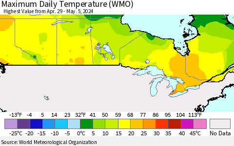 Canada Maximum Daily Temperature (WMO) Thematic Map For 4/29/2024 - 5/5/2024