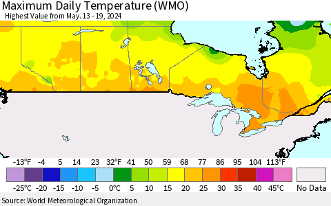 Canada Maximum Daily Temperature (WMO) Thematic Map For 5/13/2024 - 5/19/2024