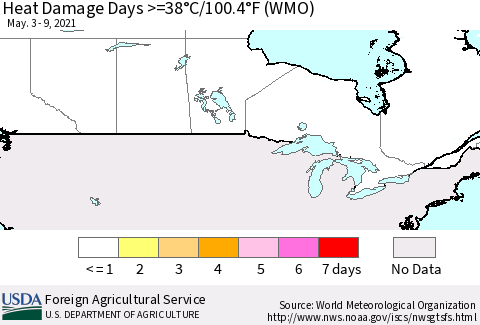 Canada Heat Damage Days >=38°C/100°F (WMO) Thematic Map For 5/3/2021 - 5/9/2021
