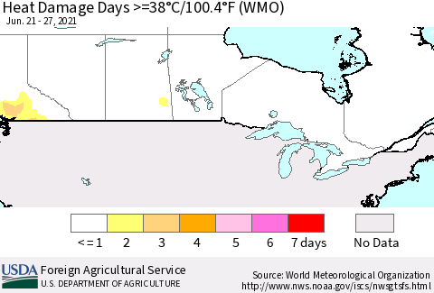 Canada Heat Damage Days >=38°C/100°F (WMO) Thematic Map For 6/21/2021 - 6/27/2021