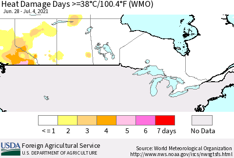 Canada Heat Damage Days >=38°C/100°F (WMO) Thematic Map For 6/28/2021 - 7/4/2021