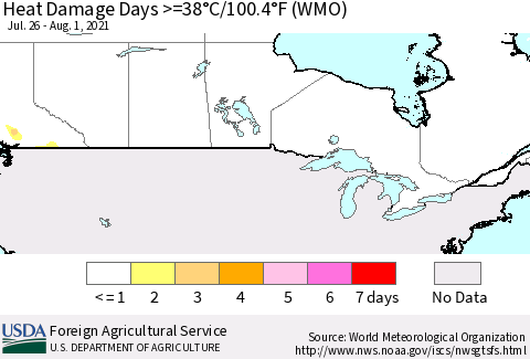 Canada Heat Damage Days >=38°C/100°F (WMO) Thematic Map For 7/26/2021 - 8/1/2021
