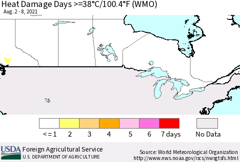 Canada Heat Damage Days >=38°C/100°F (WMO) Thematic Map For 8/2/2021 - 8/8/2021