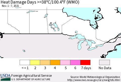 Canada Heat Damage Days >=38°C/100°F (WMO) Thematic Map For 11/1/2021 - 11/7/2021