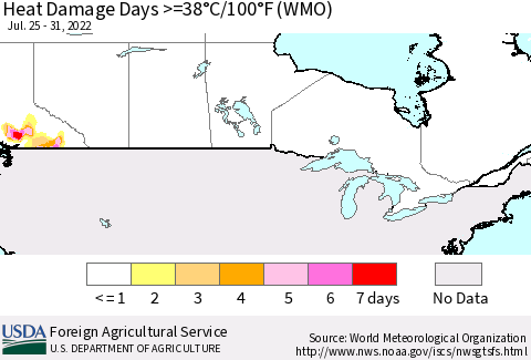 Canada Heat Damage Days >=38°C/100°F (WMO) Thematic Map For 7/25/2022 - 7/31/2022