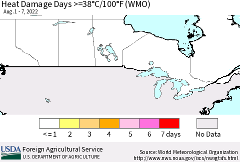 Canada Heat Damage Days >=38°C/100°F (WMO) Thematic Map For 8/1/2022 - 8/7/2022