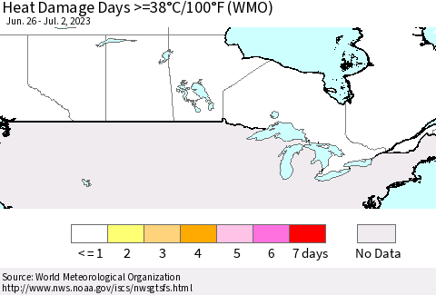 Canada Heat Damage Days >=38°C/100°F (WMO) Thematic Map For 6/26/2023 - 7/2/2023