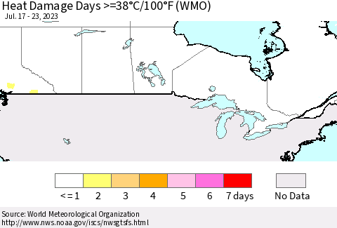 Canada Heat Damage Days >=38°C/100°F (WMO) Thematic Map For 7/17/2023 - 7/23/2023