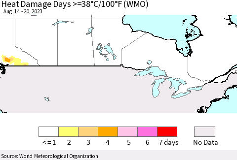 Canada Heat Damage Days >=38°C/100°F (WMO) Thematic Map For 8/14/2023 - 8/20/2023