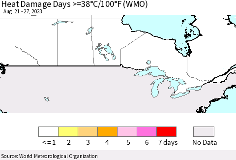 Canada Heat Damage Days >=38°C/100°F (WMO) Thematic Map For 8/21/2023 - 8/27/2023