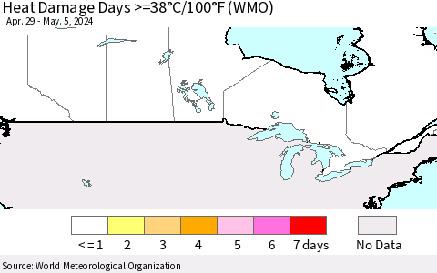 Canada Heat Damage Days >=38°C/100°F (WMO) Thematic Map For 4/29/2024 - 5/5/2024