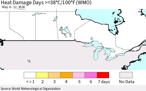 Canada Heat Damage Days >=38°C/100°F (WMO) Thematic Map For 5/6/2024 - 5/12/2024