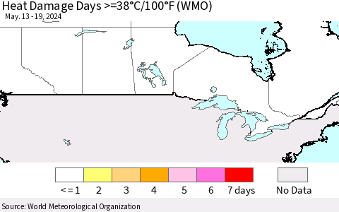 Canada Heat Damage Days >=38°C/100°F (WMO) Thematic Map For 5/13/2024 - 5/19/2024
