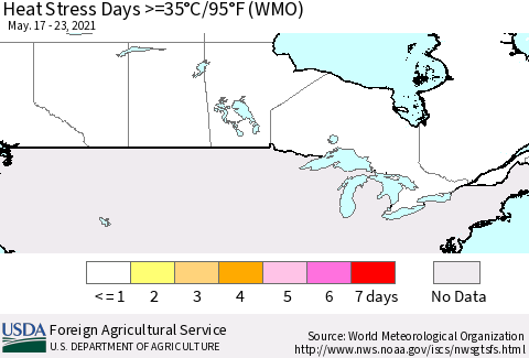 Canada Heat Stress Days >=35°C/95°F (WMO) Thematic Map For 5/17/2021 - 5/23/2021