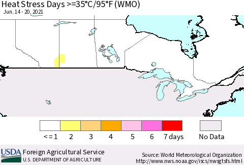 Canada Heat Stress Days >=35°C/95°F (WMO) Thematic Map For 6/14/2021 - 6/20/2021