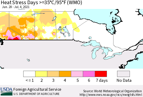 Canada Heat Stress Days >=35°C/95°F (WMO) Thematic Map For 6/28/2021 - 7/4/2021