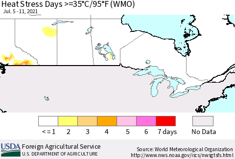 Canada Heat Stress Days >=35°C/95°F (WMO) Thematic Map For 7/5/2021 - 7/11/2021
