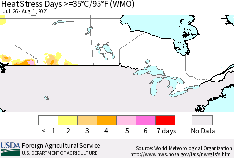 Canada Heat Stress Days >=35°C/95°F (WMO) Thematic Map For 7/26/2021 - 8/1/2021