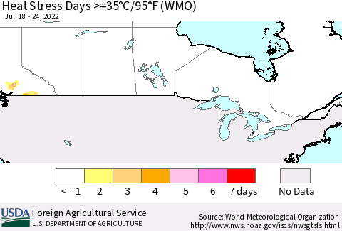 Canada Heat Stress Days >=35°C/95°F (WMO) Thematic Map For 7/18/2022 - 7/24/2022