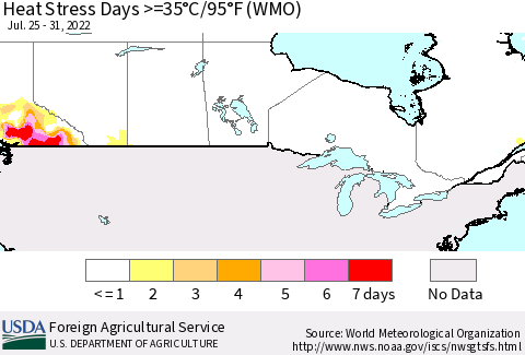 Canada Heat Stress Days >=35°C/95°F (WMO) Thematic Map For 7/25/2022 - 7/31/2022