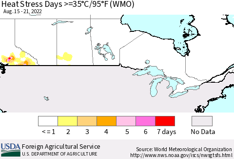 Canada Heat Stress Days >=35°C/95°F (WMO) Thematic Map For 8/15/2022 - 8/21/2022
