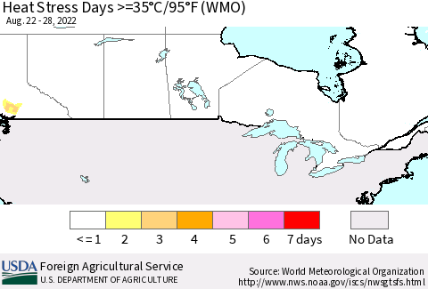 Canada Heat Stress Days >=35°C/95°F (WMO) Thematic Map For 8/22/2022 - 8/28/2022