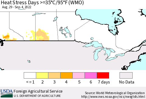 Canada Heat Stress Days >=35°C/95°F (WMO) Thematic Map For 8/29/2022 - 9/4/2022
