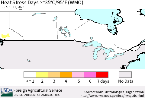 Canada Heat Stress Days >=35°C/95°F (WMO) Thematic Map For 6/5/2023 - 6/11/2023